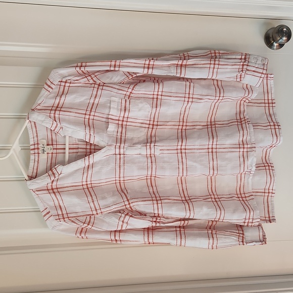 White and Orange Long Sleeve V-neck Flannel Blouse - Picture 3 of 5